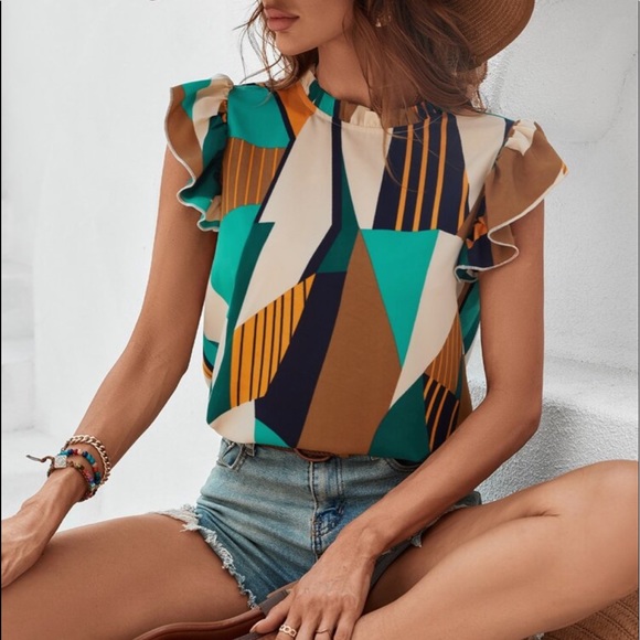 Elegant Classy Blue Mock Neck Ruffle Butterfly work Office Top Blouse - Picture 8 of 14